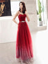 A Line Spaghetti Straps Sweetheart Tulle Lace Up Beadings Prom Dress LBQ3826