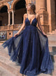 Blue A Line Spaghetti Straps V Neck Sequins Backless Tulle Prom Dress
