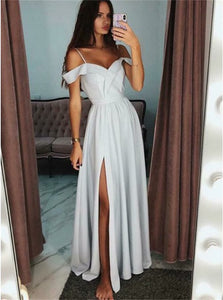 A Line Cold Shoulder Split Satin Prom Dresses