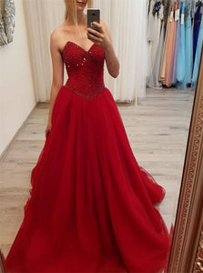 A Line Sweetheart Red Tulle Beadings Prom Dresses