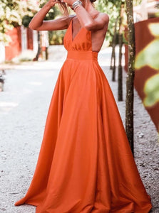 A Line V Neck Backless Orange Satin Prom Dresses