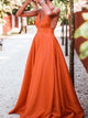 A Line V Neck Backless Orange Satin Prom Dresses