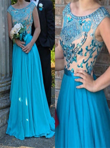 A Line Scoop Beading Chiffon Prom Dresses