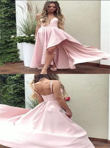 A Line Spaghetti Straps Asymmetrical Blush Pink Pleats Satin Prom Dresses