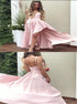 A Line Spaghetti Straps Asymmetrical Blush Pink Pleats Satin Prom Dress LBQ4036