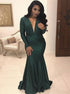 Mermaid Long Sleeves Satin V Neck Pleats Prom Dresses LBQ4328