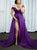 A Line Off the Shoulder Satin Pleats Purple Prom Dresses 