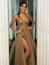 A Line V Neck Gold Beading Tulle Prom Dresses with Slit LBQ3920