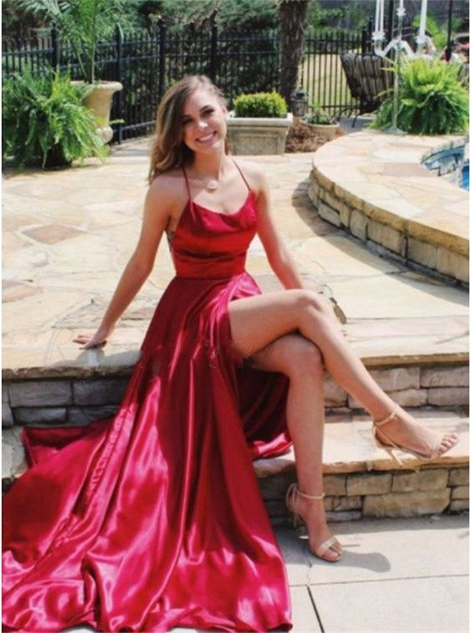 A Line Slit Criss Cross Spaghetti Straps Satin Prom Dresses | Alinepromdress A Line Slit Criss Cross Spaghetti Straps Satin Prom Dresses | Alinepromdress