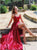 A Line Slit Leg Criss Cross Spaghetti Straps Red Satin Prom Dresses