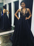 A Line Halter V Neck Navy Blue Satin Backless Prom Dress LBQ3614