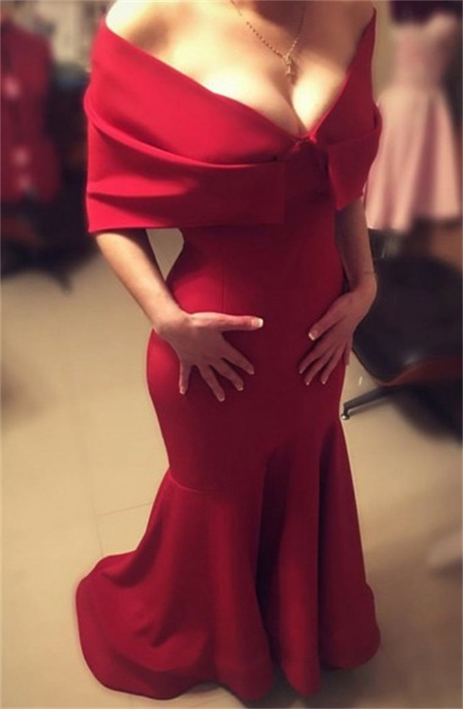 Mermaid Off the Shoulder Red Stretch Satin Prom Dresses | Alinepromdress Mermaid Off the Shoulder Red Stretch Satin Prom Dresses | Alinepromdress