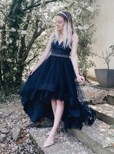 A Line V Neck Tulle Beadings High Low Prom Dresses