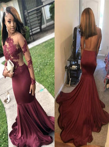 Mermaid Jewel Long Sleeves Open Back Satin Appliques Prom Dresses