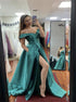 Green Satin A Line Off the Shoulder Prom Dress with Slit LBQ4223