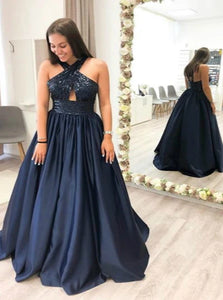 A Line Halter Dark Navy Satin Prom Dresses with Sequins