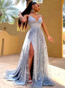 A Line Blue V Neck Tulle Prom Dresses with Slit