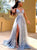 A Line Blue V Neck Tulle Prom Dresses with Slit