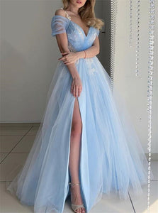 A Line Off the Shoulder Tulle Appliques Prom Dress with Slit