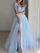 A Line Off the Shoulder Tulle Appliques Prom Dress with Slit