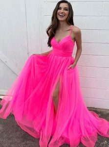 A Line Spaghetti Straps Tulle Pleats Prom Dress with Slit