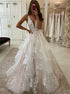 A Line V Neck Tulle Prom Dress with Appliques LBQ3595