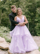 A Line Purple V Neck Tulle Ruffles Prom Dresses