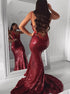 Mermaid V Neck Sequins Burgundy Backless Prom Dress LBQ3787