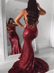 Mermaid V Neck Sequins Burgundy Backless Prom Dresses