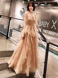 A Line Spaghetti Straps Tulle Champagne Lace Up Ruffles Prom Dresses