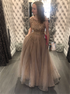 A Line Sequins Scoop Open Back Tulle Champagne Prom Dress LBQ3996