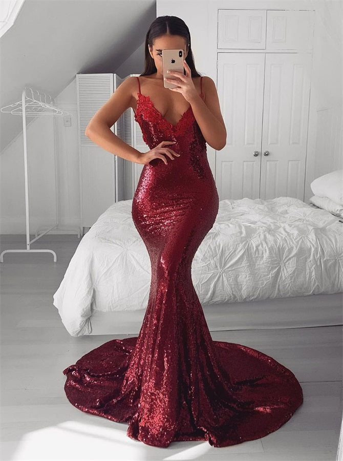 Mermaid V Neck Sequins Burgundy Backless Prom Dress Mermaid V Neck Sequins Burgundy Backless Prom Dress