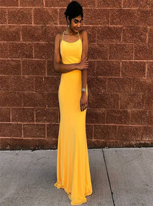 Yellow Lace Up Sheath Satin Halter Prom Dresses