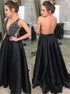 A Line Black V Neck Prom Beading Satin Yarn Prom Dress LBQ3615