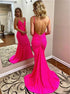 Mermaid V Neck Straps Backless Satin Pleats Prom Dress LBQ4037