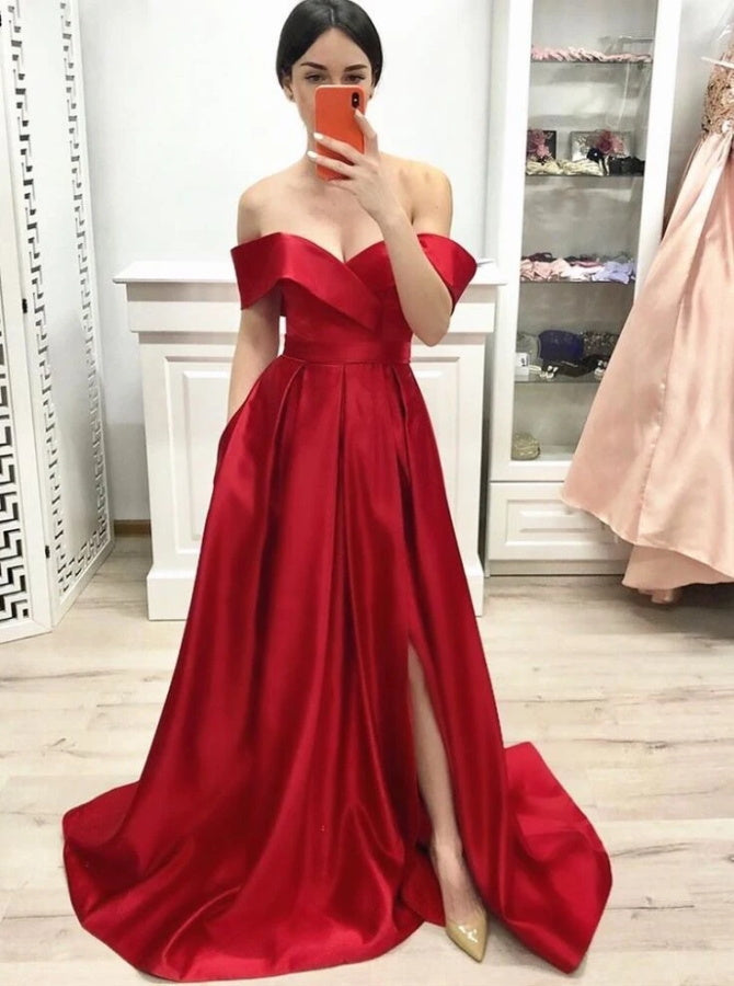 A Line Off the Shoulder Satin Prom Dresses with Slit | Alinepromdress A Line Off the Shoulder Satin Prom Dresses with Slit | Alinepromdress