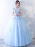 A Line Scoop Appliques Open Back Blue Tulle Prom Dresses with Bowknot LBQ3522