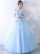 A Line Scoop Appliques Open Back Blue Tulle Prom Dresses with Bowknot