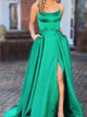 A Line Green Lace Up Satin Prom Dresses with Pockets Slit LBQ3578