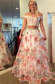 A Line Two Piece Off the Shoulder Printed Chiffon Prom Dress with Appliques Beadings