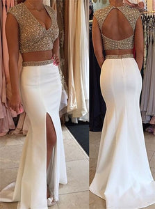 Sweep Train White Evening Dresses with Slit