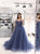 Blue Tulle A Line Spaghetti Straps Pleats Prom Dresses