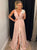 A Line Pink V Neck Chiffon Appliques Prom Dresses with Slit 