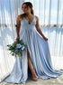 A Line V Neck Satin Prom Dress with Slit LBQ3965