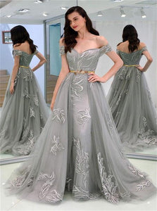 A Line Appliques Off the Shoulder Gray Tulle Prom Dresses