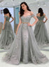 A Line Appliques Off the Shoulder Gray Tulle Prom Dress LBQ2500