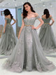 A Line Appliques Off the Shoulder Gray Tulle Prom Dresses