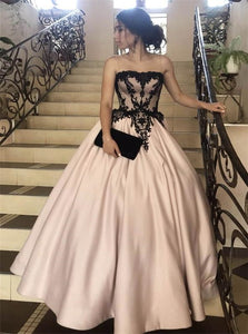 Ball Gown Strapless Satin Appliques Prom Dresses