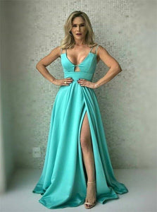 A Line Spaghetti Straps Satin Prom Dresses with Slit 