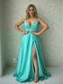 A Line Spaghetti Straps Satin Prom Dresses with Slit LBQ3754